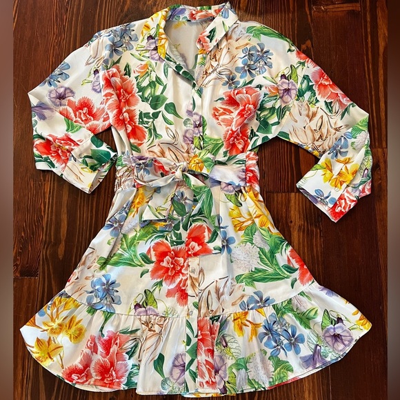 ZARA Long Sleeve Floral Button Down Dress with Front Tie Bow Satin Like Material - Picture 2 of 10